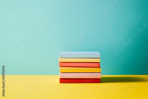 A minimalistic photograph of a small stack of colorful books on a plain background. High-resolution, detailed textures, crisp focus