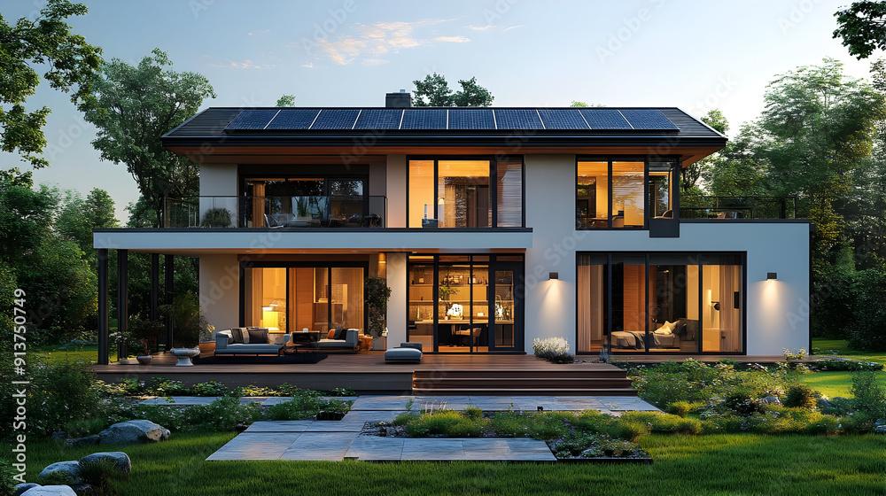 Modern home with solar panels, dusk exterior. Modern home with solar panels, dusk exterior.