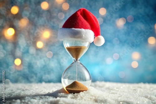 hourglass with christmas hat on snow. Holiday season countdown