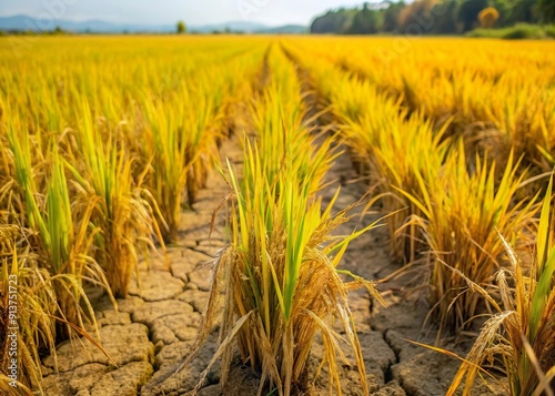 dying withered rice field with cracked barrend soil and dried plant photo