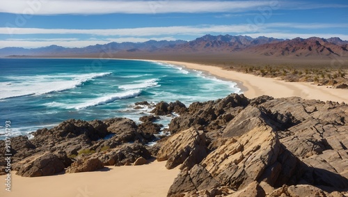  seascape with large rocks in the foreground, waves crashing on the shore, and a mountain range in the distance.