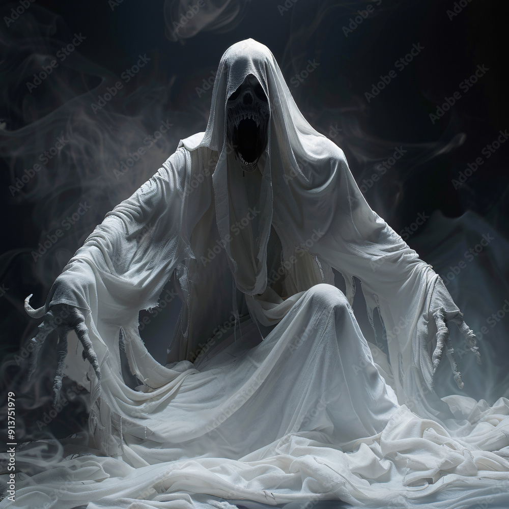 Terrifying Ghostly Apparitions with Screaming Faces and Tattered Cloaks, Perfect for Horror and Supernatural Themes Terrifying Ghostly Apparitions with Screaming Faces and Tattered Cloaks, Perfect for Horror and Supernatural Themes