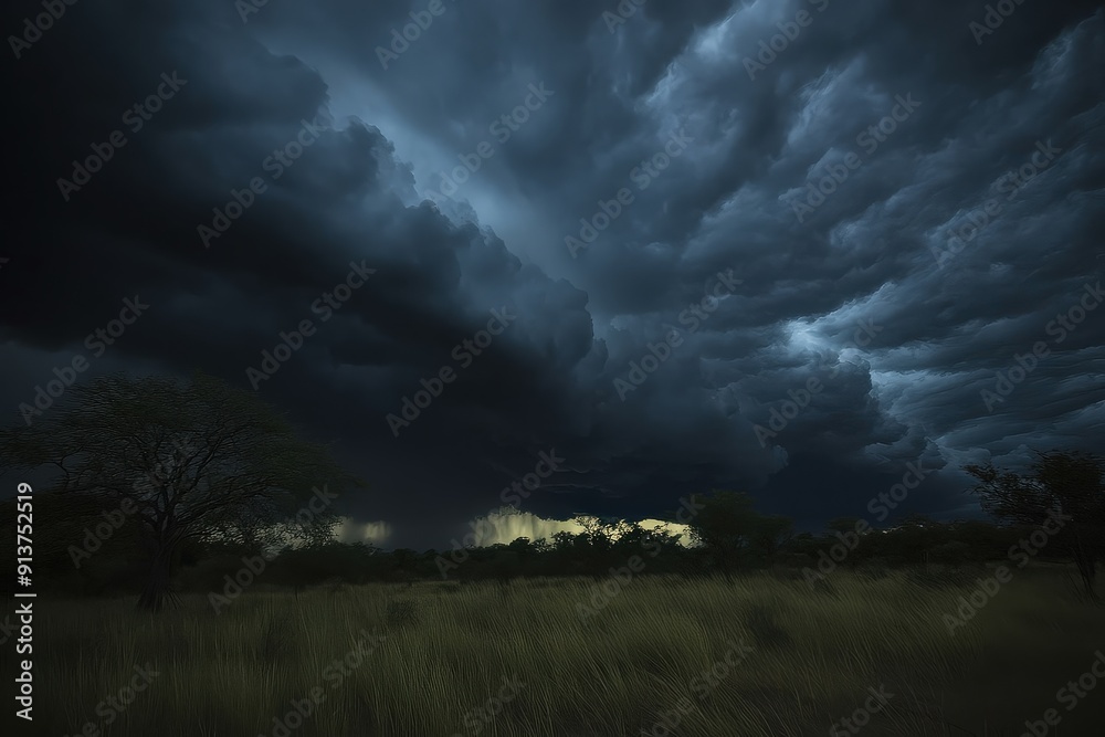 Dark Storm Clouds Over Grassland Field Dark Storm Clouds Over Grassland Field