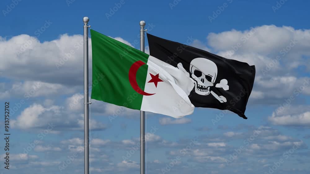 Algeria and Jolly Roger or pirate flags flying together, video concept of the relationship