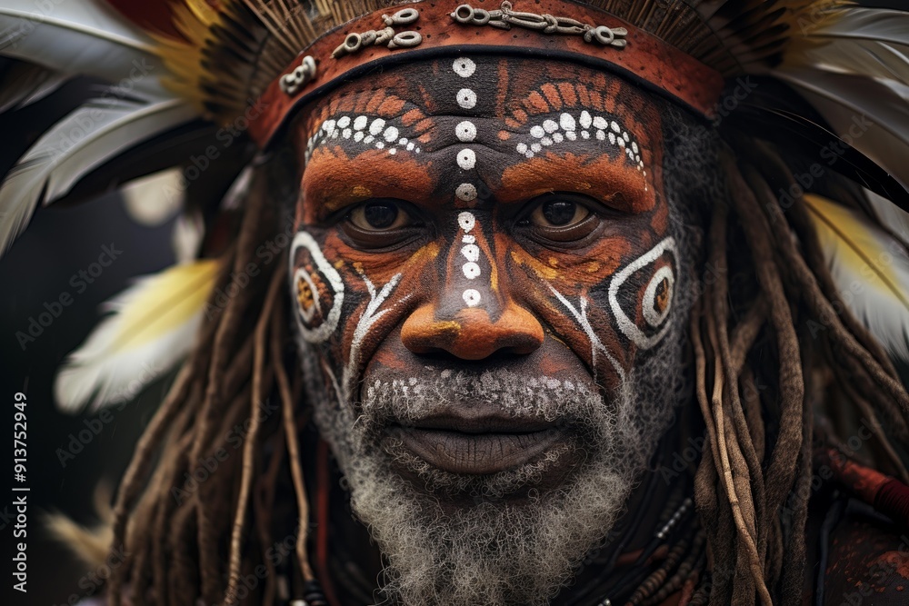 Close-up of indigenous elder with vivid tribal face paint and feathered headdress Close-up of indigenous elder with vivid tribal face paint and feathered headdress