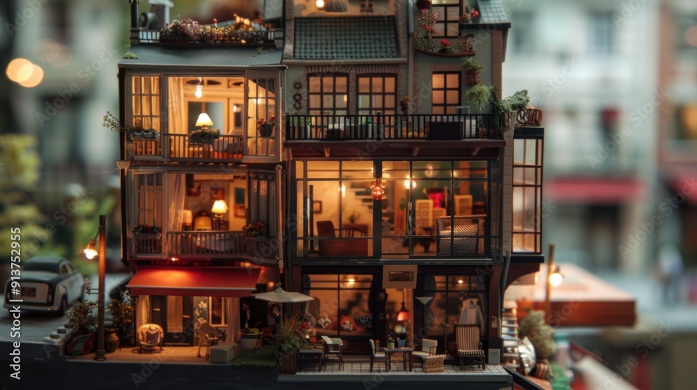 Miniature Cityscape with Detailed Interior