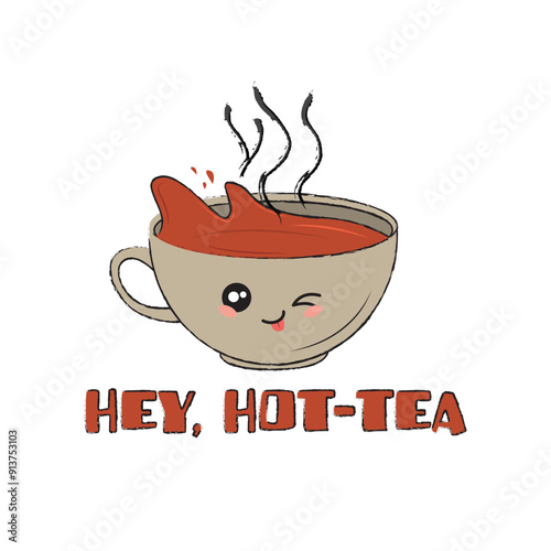 Winking cup of tea with a funny quote hey hot tea Vector illustration for Tshirt print on demand merch