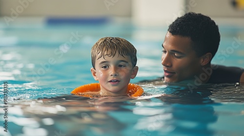 Young boy learning to swim with the help of an instructor in a swimming pool, wearing a flotation device and receiving guidance.