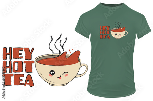 Winking cup of tea with a funny quote hey hot tea Vector illustration for Tshirt print on demand merch