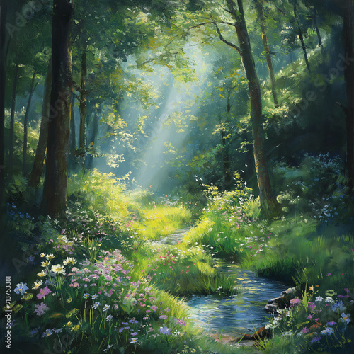 Lush green forest with sunbeams streaming through the trees, vibrant wildflowers and a tranquil stream