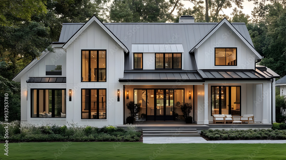 Modern Farmhouse with Black Windows and Metal Roof - Photo Modern Farmhouse with Black Windows and Metal Roof - Photo