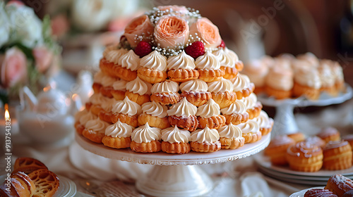 Amidst Toulouse wedding envision pice monte croquembouche meticulously crafted vanillainfused chou pastry testament French pastry craftsmanship Hailing SaintGermainenLaye dessert signifies eternal photo