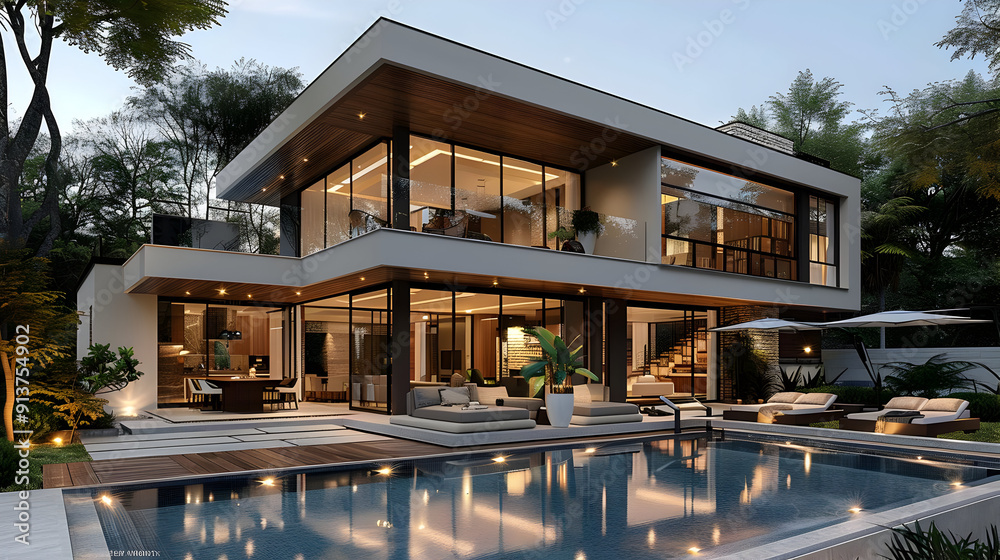 Modern Luxury Home with Pool and Patio - 3D Illustration Modern Luxury Home with Pool and Patio - 3D Illustration