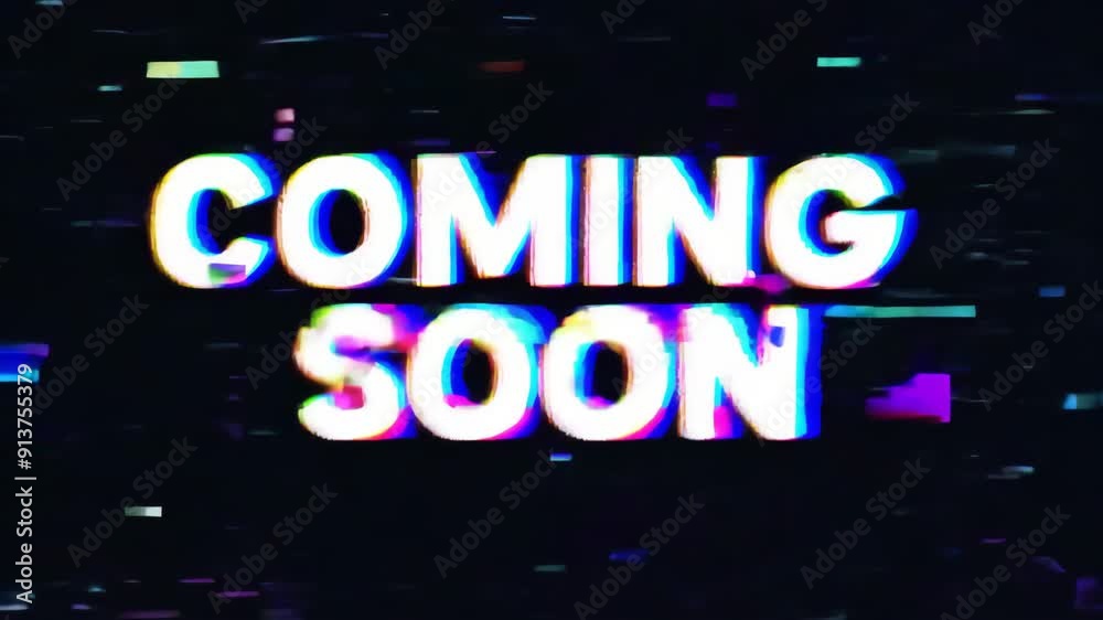 Glitch Notification: 'Coming Soon' Text Effect with Distortion and Seamless Loop Animation Glitch Notification: 'Coming Soon' Text Effect with Distortion and Seamless Loop Animation