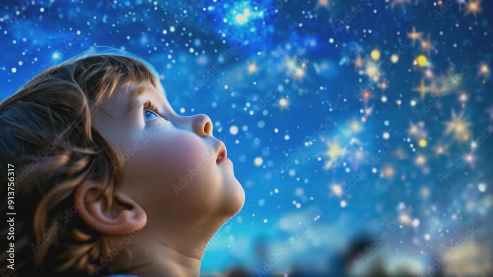 A young boy gazes at the starry night sky, filled with wonder and curiosity, as the stars twinkle brightly above. A young boy gazes at the starry night sky, filled with wonder and curiosity, as the stars twinkle brightly above.