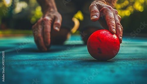 Cinematic Closeup of Hands Playing Bocce on Court