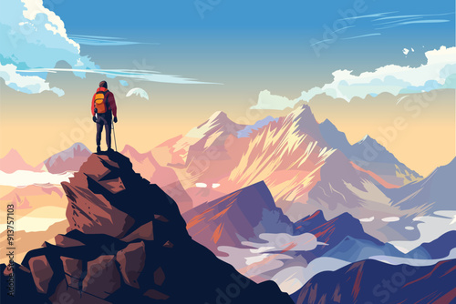 Climbing mountains. The traveler on the top of the mountain looks at the beautiful landscape of the mountains. Mountain tourism, travel and hiking. Vector