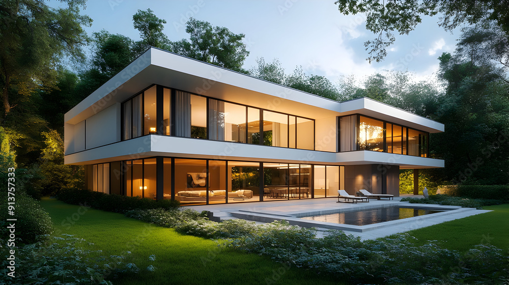 Modern House with Pool and Forest Background - 3D Illustration Modern House with Pool and Forest Background - 3D Illustration