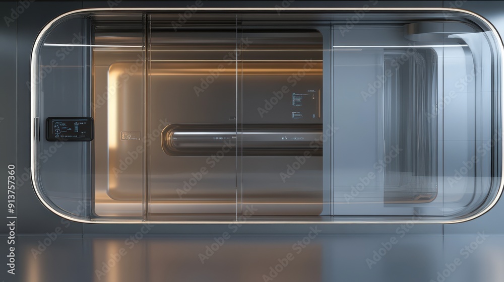 Futuristic Interior Design with a Glass Wall and a Metallic Tunnel