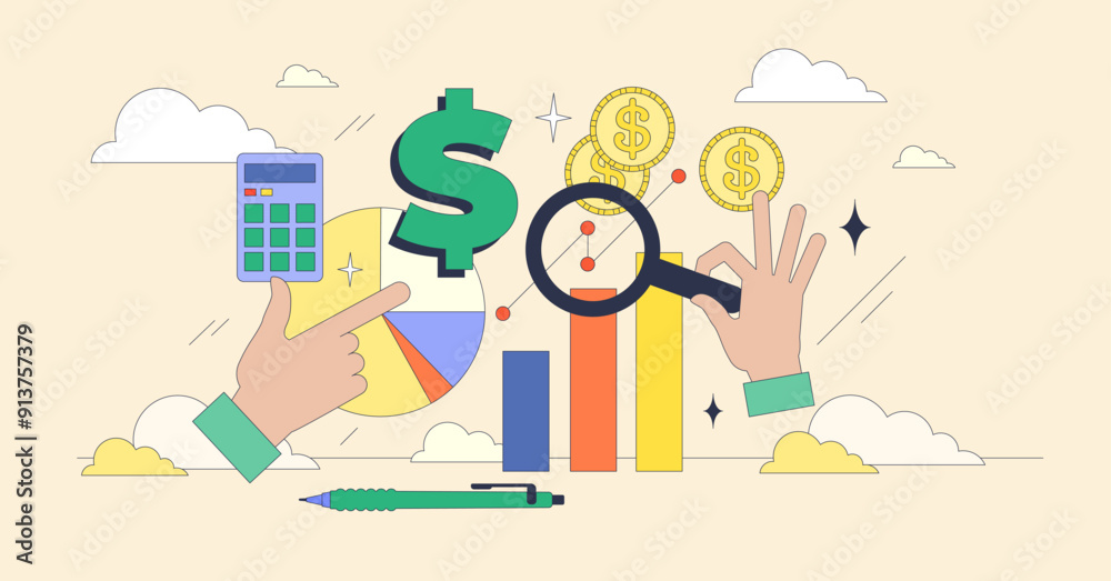 Financial statement analysis and profit forecasting tiny neubrutalism concept. Professional accountant and business auditor examining financial situation for detailed reports vector illustration. Financial statement analysis and profit forecasting tiny neubrutalism concept. Professional accountant and business auditor examining financial situation for detailed reports vector illustration.