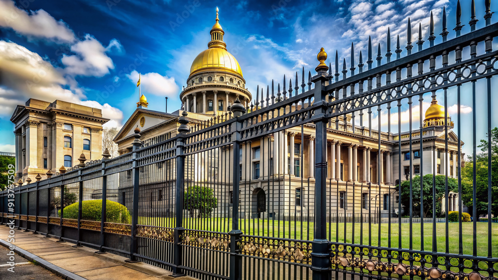 Obraz premium Tall metal fence surrounds historic government building with iconic gold dome, increasing security measures with a substantial investment in a bustling urban setting.
