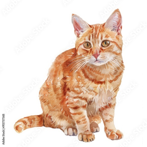 Watercolor painting of a bright orange tabby cat, on isolated white background