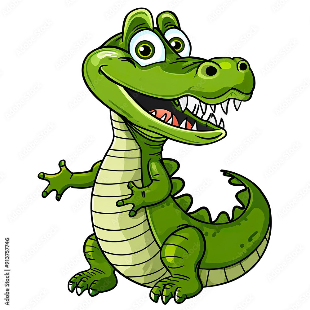 Fototapeta premium Cartoon illustration of a green alligator smiling with its mouth open, generative ai image