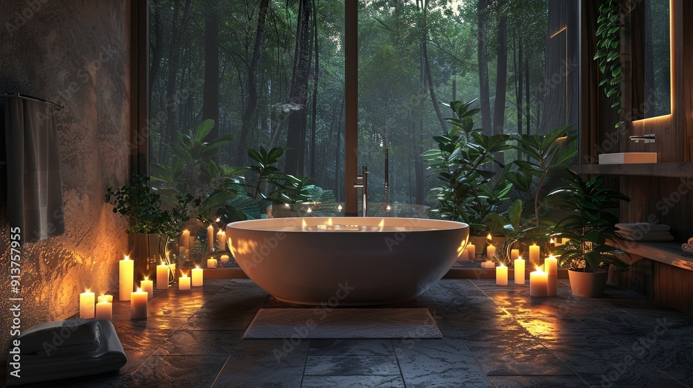 Luxurious bathroom in the jungle and candles Luxurious bathroom in the jungle and candles