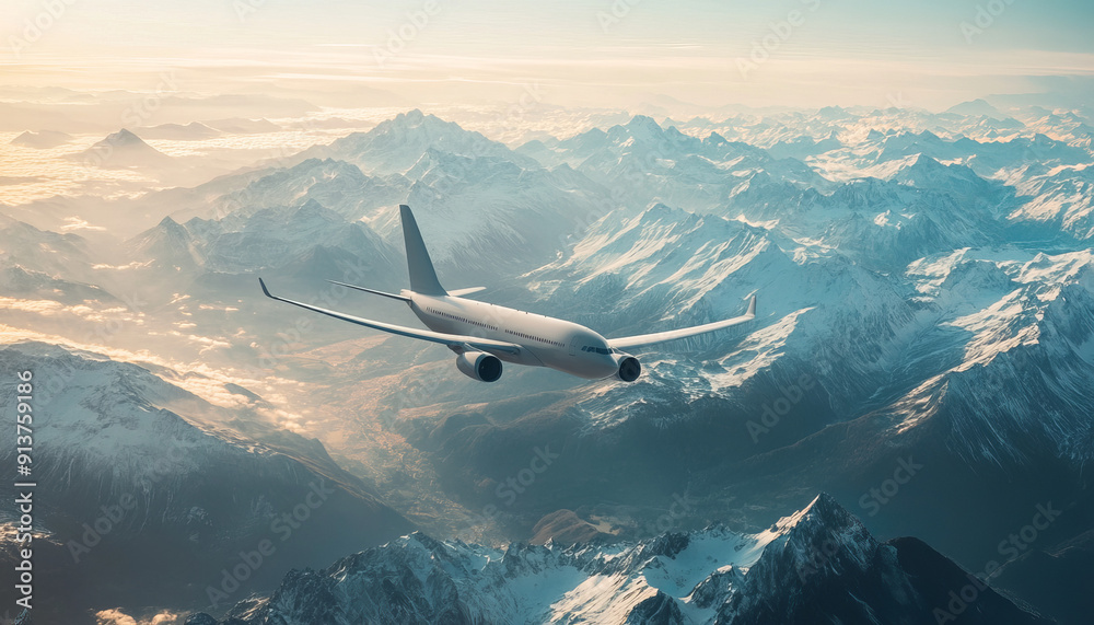 Fototapeta premium An aerial shot of an airplane flying over a breathtaking mountain range.