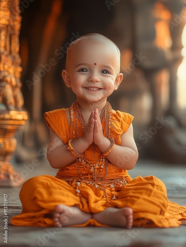 funny smiling little monk dressed up orange, monastic background photo