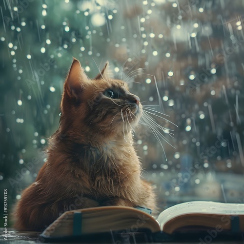 Cat gazing out the window at rainy weather photo