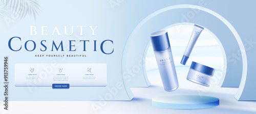 Blue Cosmetic Products for Skin Care Banner Template