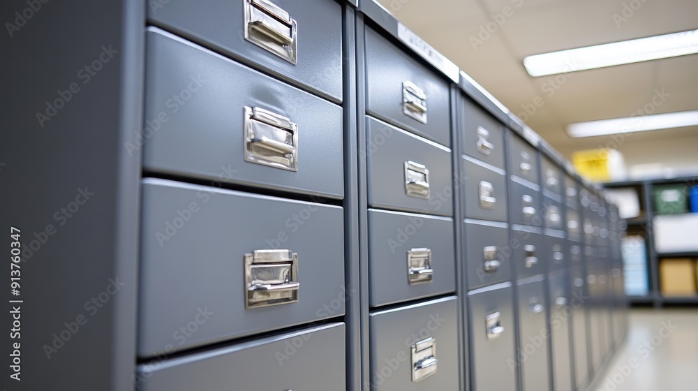 Neat row of metal filing cabinets Neat row of metal filing cabinets