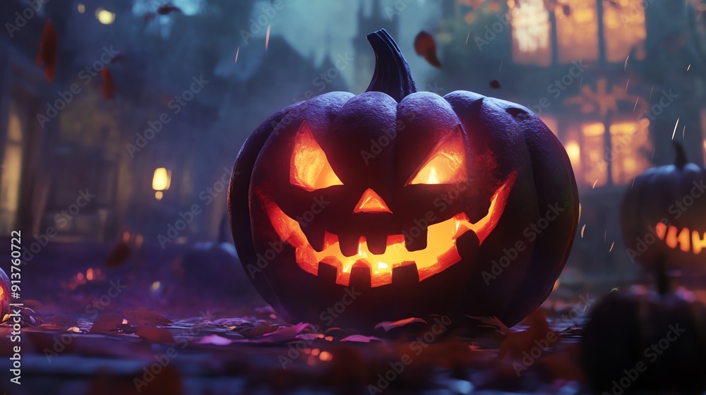 Spooky jack-o-lantern with glowing eyes in a dark, mysterious setting. Spooky jack-o-lantern with glowing eyes in a dark, mysterious setting.