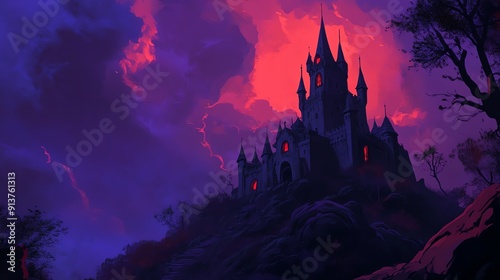 A dark and mysterious castle silhouetted against a stormy sky.