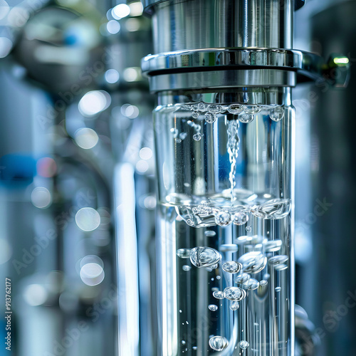 A close-up illustration of a reverse osmosis unit's advanced filtration technology, showing the detailed layers of membranes and the flow of water, with a spotlight on the pristine water output. A det