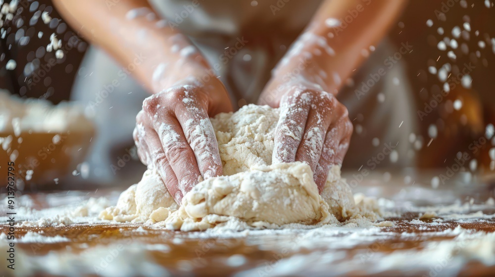 Female hands kneading dough on wooden kitchen table.Generative AI Female hands kneading dough on wooden kitchen table.Generative AI