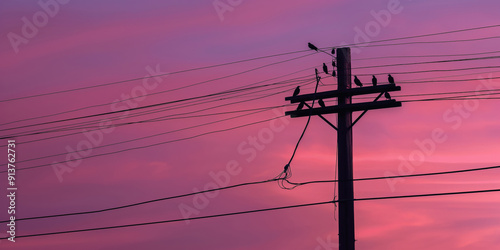 Minimalistic photo of high voltage power lines with birds perched on them, set against a twilight sky.