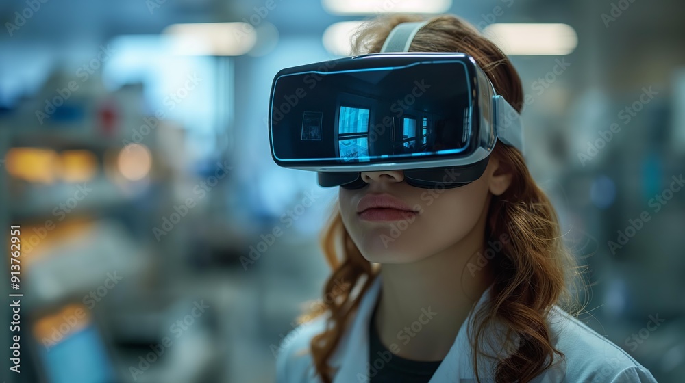 female lab assistant, wearing a white lab coat, stands in a modern research facility and looks through a virtual reality headset. The lab assistant appears to be immersed in a virtual world. female lab assistant, wearing a white lab coat, stands in a modern research facility and looks through a virtual reality headset. The lab assistant appears to be immersed in a virtual world.