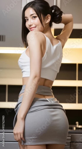 back view of woman in miniskirt at kitchen
