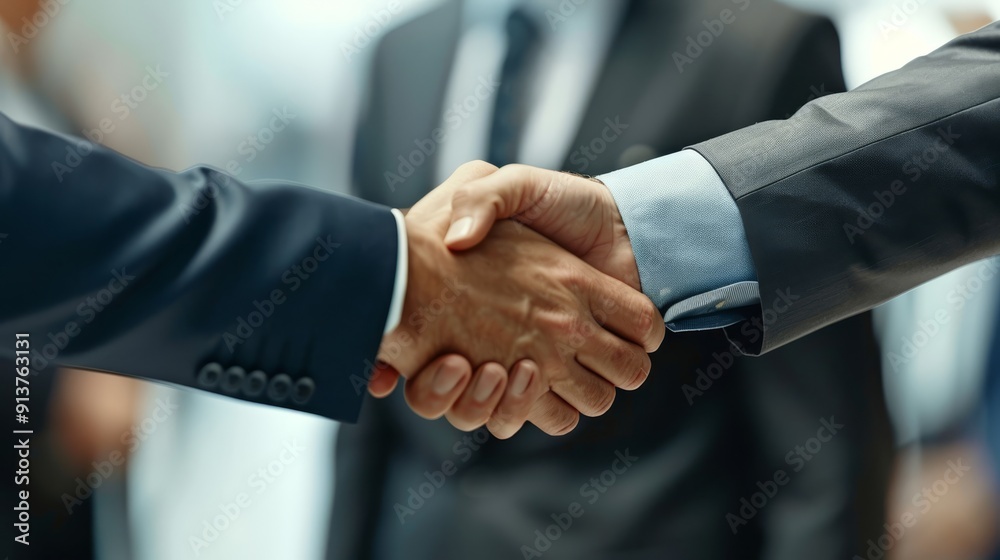 A tight shot of two individuals shaking hands, surrounded by a crowd of others in business suits and wearing ties A tight shot of two individuals shaking hands, surrounded by a crowd of others in business suits and wearing ties