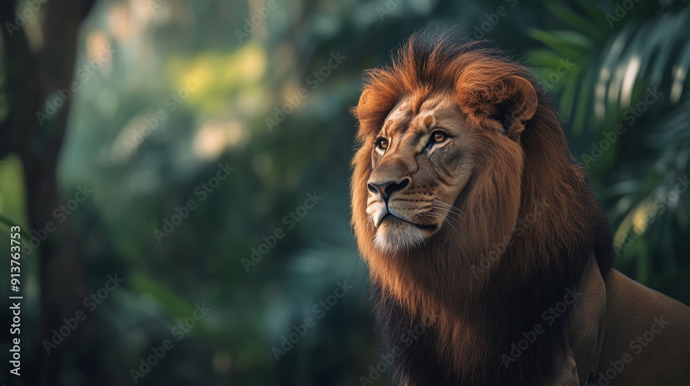 Fototapeta premium A majestic lion with a striking mane gazes intently, embodying power and grace amidst the vibrant greenery of the jungle during the enchanting golden hour
