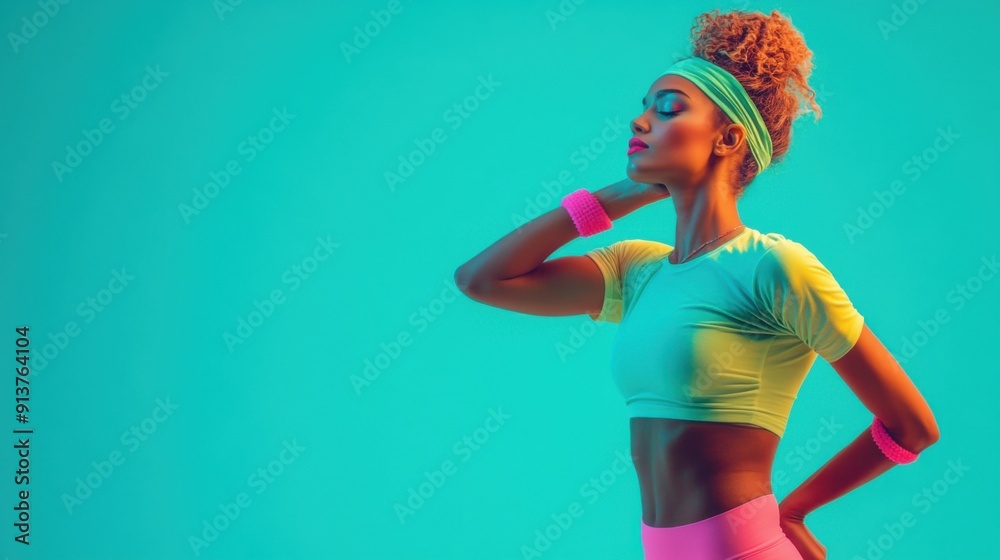 Retro 1980s Fitness Fashion: Neon Leotard, Leg Warmers, and Headband on Model Against Teal Background Retro 1980s Fitness Fashion: Neon Leotard, Leg Warmers, and Headband on Model Against Teal Background