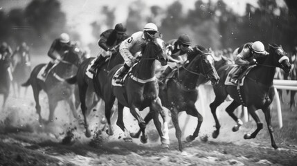 Historic 20th Century Horse Race in Black and White - Vintage Photography for Retro Decor and Design Work