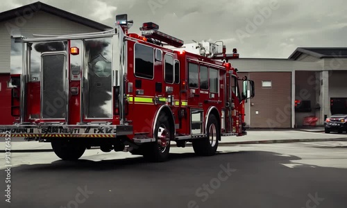 A red fire truck is parked outside a fire station, highlighting the importance of emergency services and firefighters photo