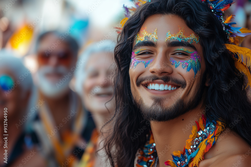 A man with colorful face paint and a feather headdress is smiling at the camera. He is surrounded by other people, some of whom are also wearing colorful clothing. Scene is cheerful and festive A man with colorful face paint and a feather headdress is smiling at the camera. He is surrounded by other people, some of whom are also wearing colorful clothing. Scene is cheerful and festive