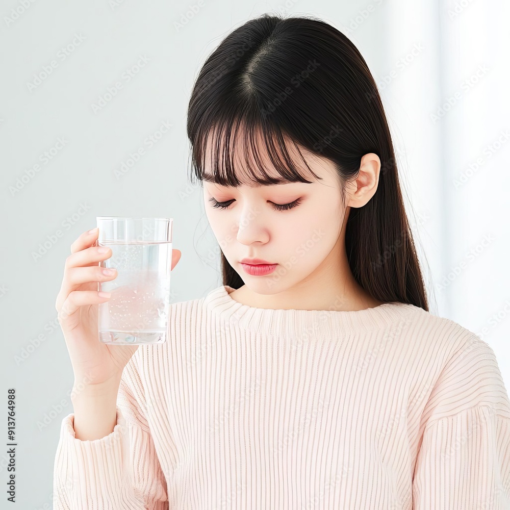 A young Asian woman holding a pill capsule and a glass of water A young Asian woman holding a pill capsule and a glass of water