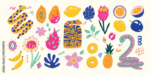  Snakes flowers and fruits hand drawn cute simple jungle illustration collection. Modern simple clip art set for children books stationery banners and social media