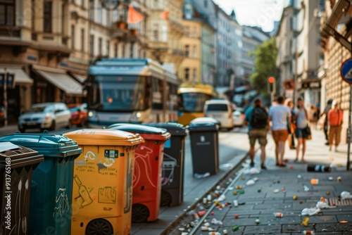 Busy Urban Street with Public Waste Sorting Stations and Active Pedestrians in European City