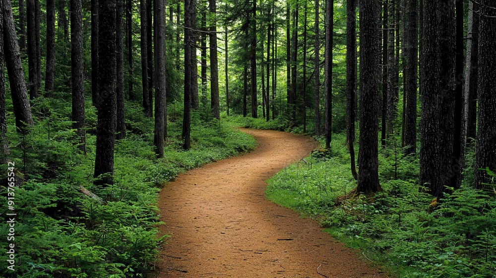 Obraz premium Sun-dappled forest path surrounded by lush vegetation, inviting viewers to imagine the fresh scent of pine and the beauty of nature. The image captures the serene and tranquil atmosphere of the forest